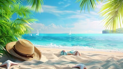 Obraz premium Tropical beach with sunbathing accessories, summer holiday background