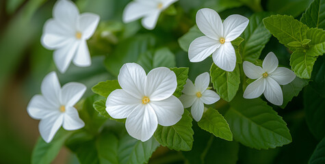 Close-up of delicate white flowers with vibrant green leaves in the background