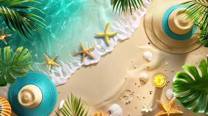 Tropical beach with sunbathing accessories, summer holiday background