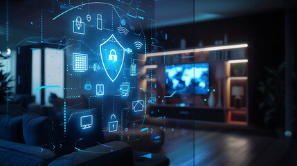 Fototapeta premium IoT security fortress, connected devices under shield, safe smart home and digital defense