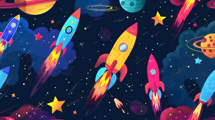 Kids wallpaper of rockets and galaxy fantasy flat design colorful art