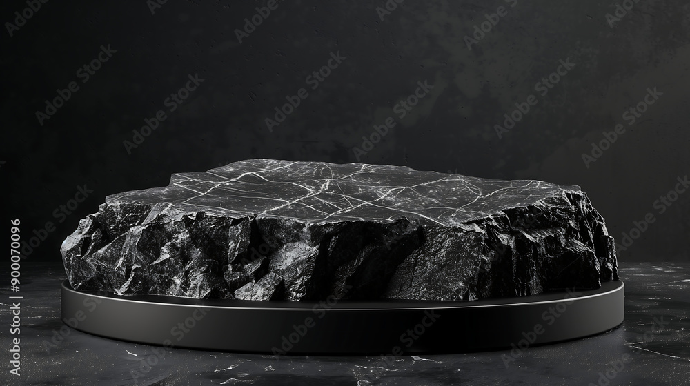 Poster minimal black dark circle podium rough surface rock geometric stone and rock shape background, mocku