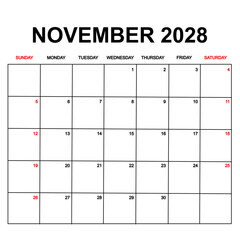 nivember 2028. Calendar with holydays or red dates. monthly calendar design with week starts on sunday. printable, simple, and clean vector design isolated on white background.