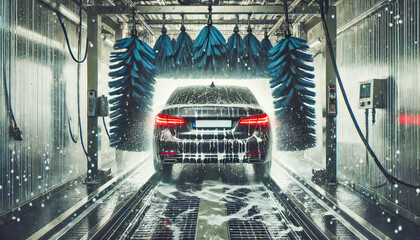 Car getting cleaned in an automatic car wash with foam and brushes.