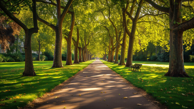 walking pathway in green park relaxing landscape wallpaper, background