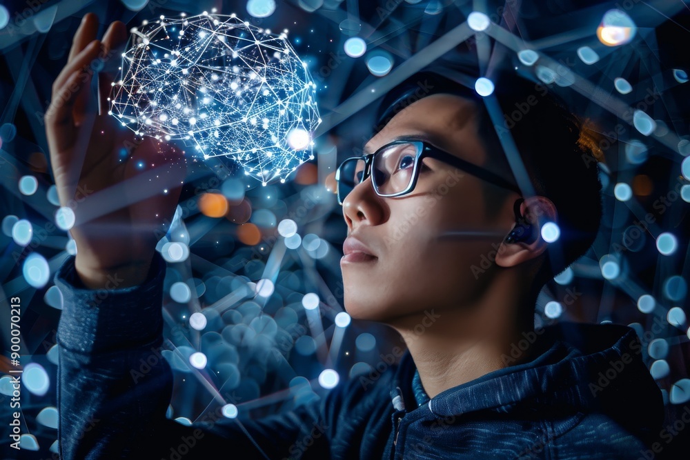 Poster scientist examining digital brain model advanced neuroscience futuristic research high tech laborato