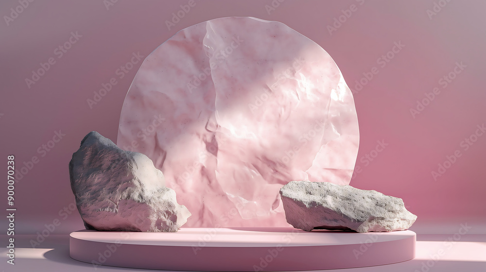 Poster minimal pink circle podium rough surface rock geometric stone shape background, mockup for podium di