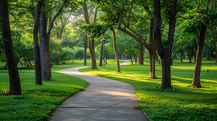 Fototapeta premium walking pathway in green park relaxing landscape wallpaper, background 