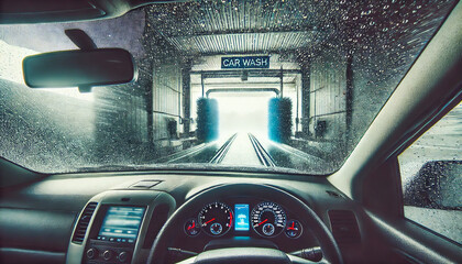 View from inside a car going through an automatic car wash.