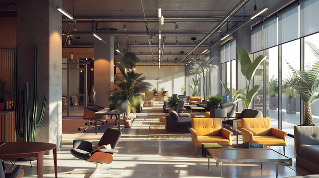 Modern bright coworking space with cozy seating, a cactus on the table, and warm lighting. Perfect for collaborative work and creativity.