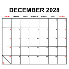 december 2028. Calendar with holydays or red dates. monthly calendar design with week starts on sunday. printable, simple, and clean vector design isolated on white background.
