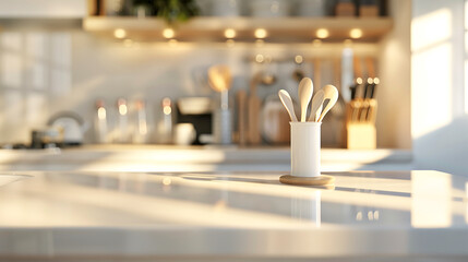 Modern kitchen with light-colored countertop, blurred background showcasing cooking utensils, and decor items for a stylish look.