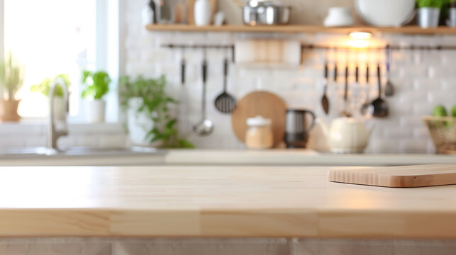 Modern kitchen with light-colored countertop, blurred background showcasing cooking utensils, and decor items for a stylish look.
