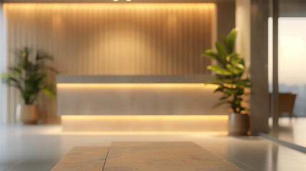 Fototapeta premium Modern reception area with a blurred background, emphasizing a minimalist reception desk