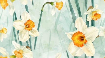 Seamless flat minimal daffodils in light watercolor