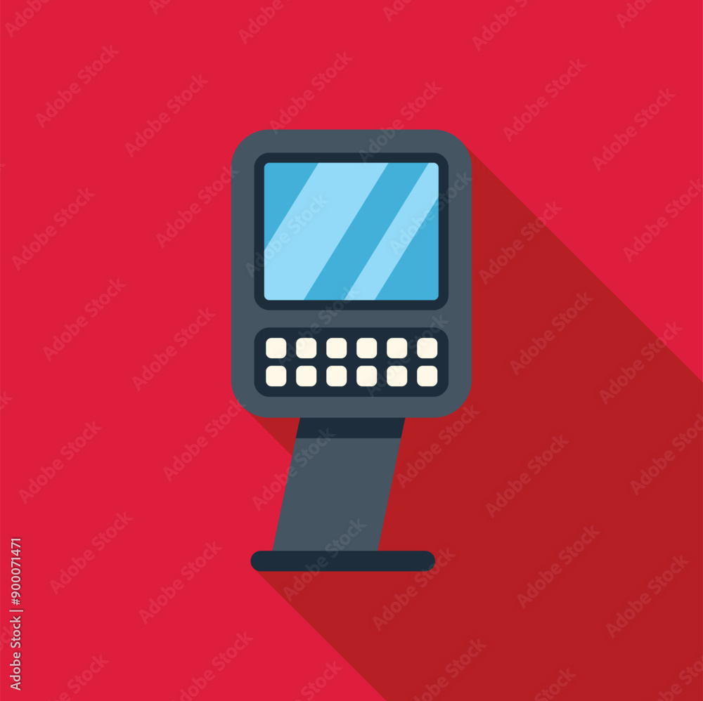 Poster electronic terminal standing on single leg with buttons and display showing blank screen