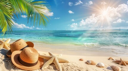 Tropical beach with sunbathing accessories, summer holiday background