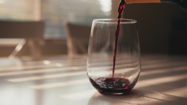 Pour red wind in stemless glass with window light in slow motion 