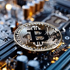 Physical Bitcoin coin on a computer motherboard, Bitcoin on motherboard, digital integration