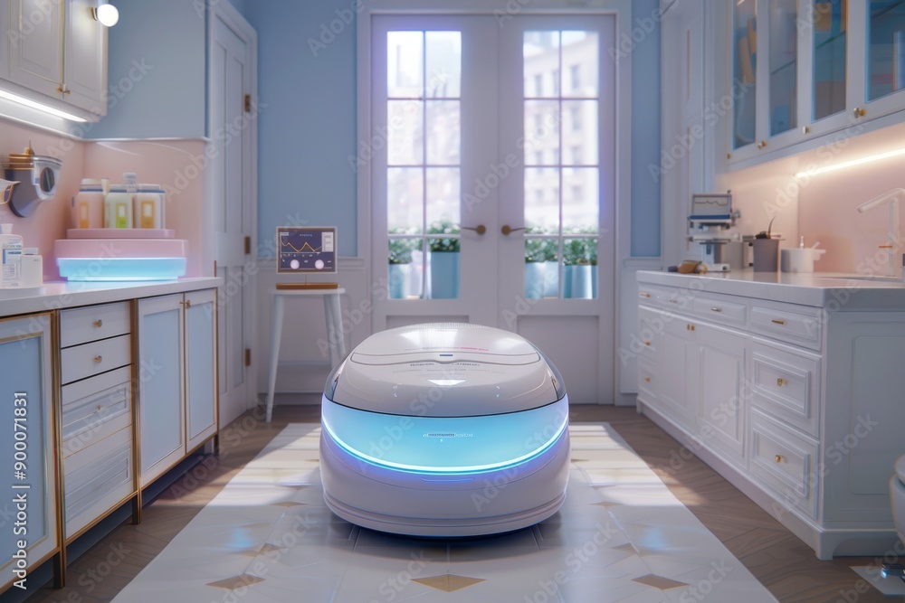 Poster modern kitchen with a sleek robot assistant demonstrating the integration of robotics into everyday 