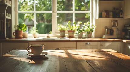Sunlit kitchen featuring a wooden table with a coffee cup, natural light and cozy atmosphere, home and lifestyle concepts