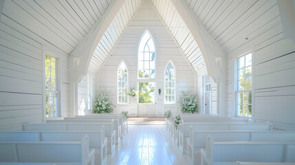 The image shows a beautiful wedding chapel with white walls and a large window