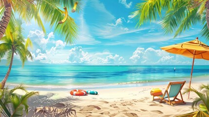 Tropical beach with sunbathing accessories, summer holiday background
