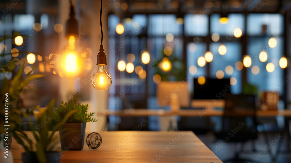 Aufkleber warm, inviting workspace with soft lighting from hanging bulbs. modern office setup with focus on a 