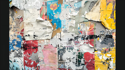 Vintage old grunge posters on a wall, ripped and torn, colorful collage abstract patterns