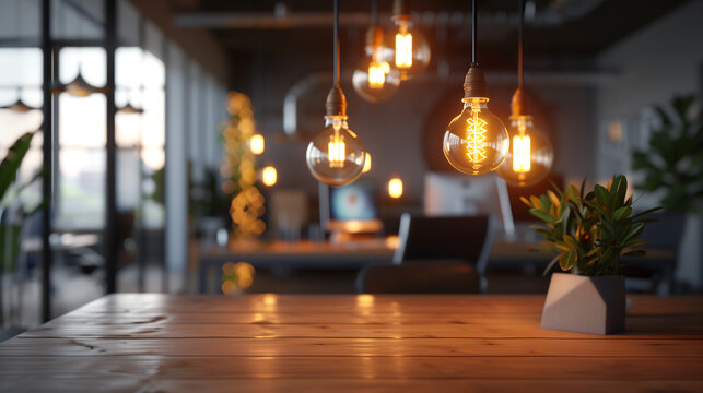 Warm, inviting workspace with soft lighting from hanging bulbs. Modern office setup with focus on a glowing light in a blurred background.