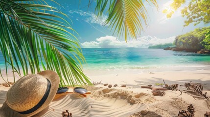 Obraz premium Tropical beach with sunbathing accessories, summer holiday background