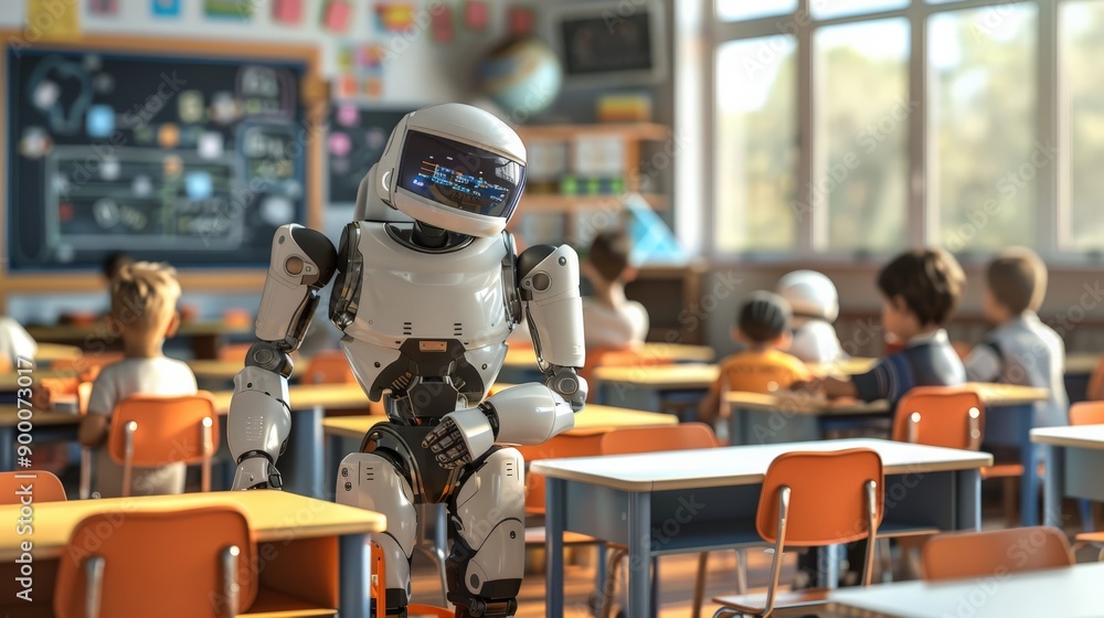 Poster Humanoid robot teaching children in modern classroom setting. Advanced AI and robotics technology in education.