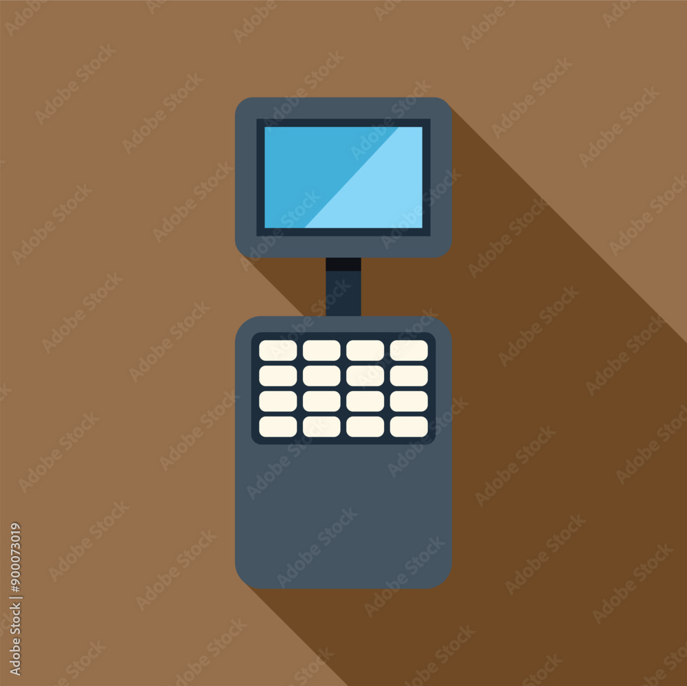 Poster cash register with touch screen displaying blank screen standing on brown background