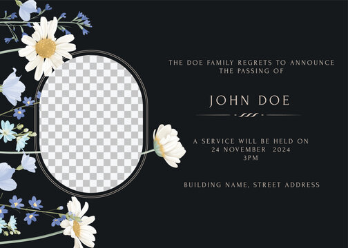 Floral funeral invitation template, minimalist wildflowers and photo frame on dark grey background - Powered by Adobe
