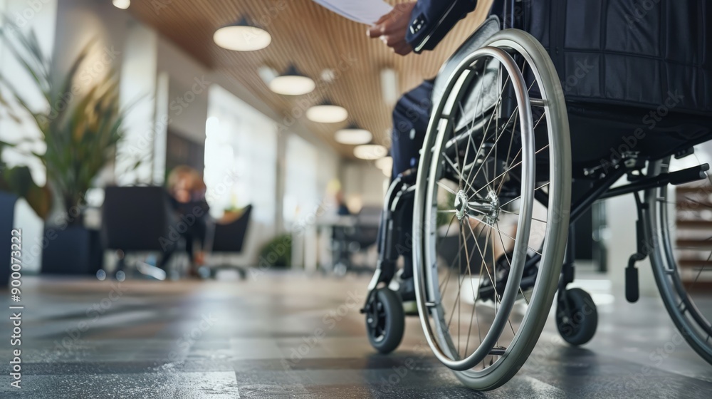 Leinwandbilder Close-up of a wheelchair in a modern office setting with people in the background. Emphasizing accessibility and integration in professional environments.