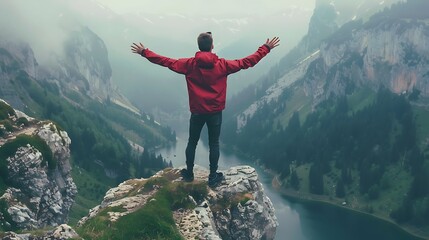 A man stands on top of a mountain with his arms outstretched, looking out at the view.