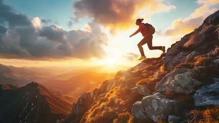 A woman hikes up a mountain trail at sunset.