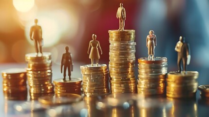 Miniature figures standing on top of different heights of stacked coins.