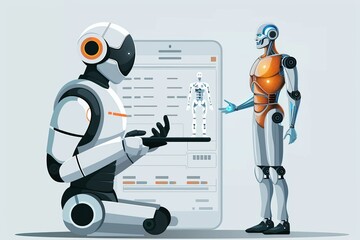 Naklejka premium Humanoid robot presenting data on a futuristic screen highlighting advanced AI technology and data analysis in a clean modern setting