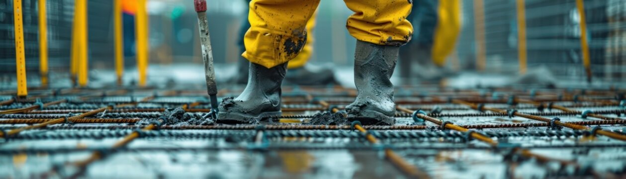 Construction Worker Using Tools for a Task on-Site, Skilled Labor, Building, Site, Construction, Industry, Project, Safety, Work, Job, Professional, Equipment, Tools, Heavy, Concrete, Steel, Rebar
