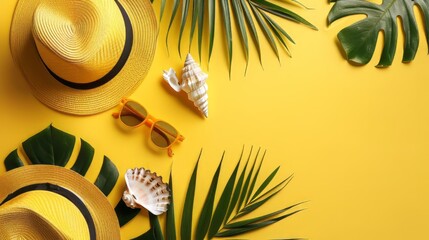 Fototapeta premium Summer yellow banner with yellow hat ,sunglasses,seashell and monstera leaf on yellow background