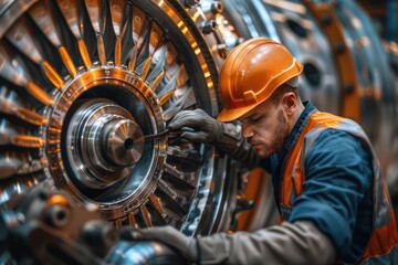 Industrial Worker Assembling Parts with Safety Gear, On-Site Manufacturing and Construction, Male Technician Working on Large Machine, Safety Practices in Heavy Industry, Professional Assembler