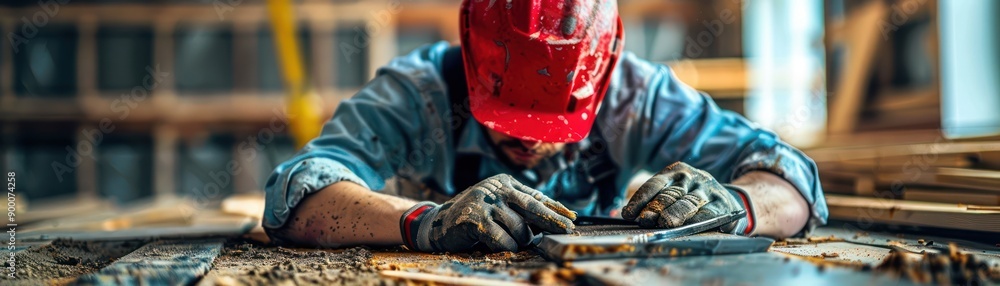 Poster skilled laborer using construction tools for a precise task in a workshop, professional construction