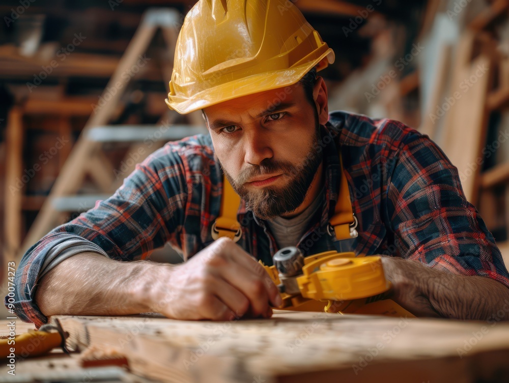 Poster skilled tradesman using construction tools for on-site job expert craftsmanship and precision in act