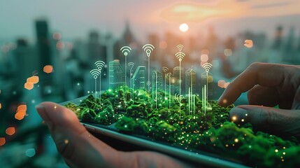 Hand holding a tablet with a green city model and glowing wireless network symbols, against a cityscape background.