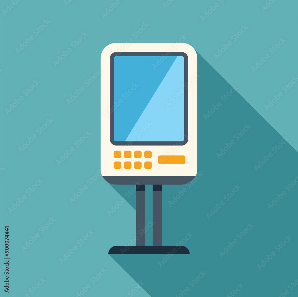 Poster payment terminal standing on a stand showing empty screen on blue background