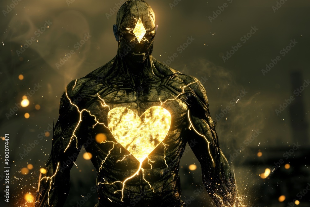 Poster dark powerful figure with a glowing heart symbolizing inner strength and resilience in a dramatic an