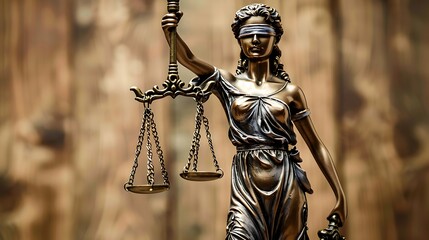 A statue of Lady Justice holds scales of justice in front of a blurred background.