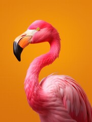 Fototapeta premium Pink flamingo bird portrait close-up against a vibrant orange-yellow background.