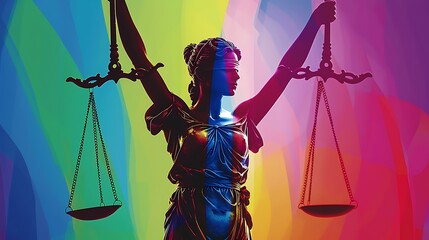 Lady Justice statue with scales and blindfold, against a colorful rainbow background.